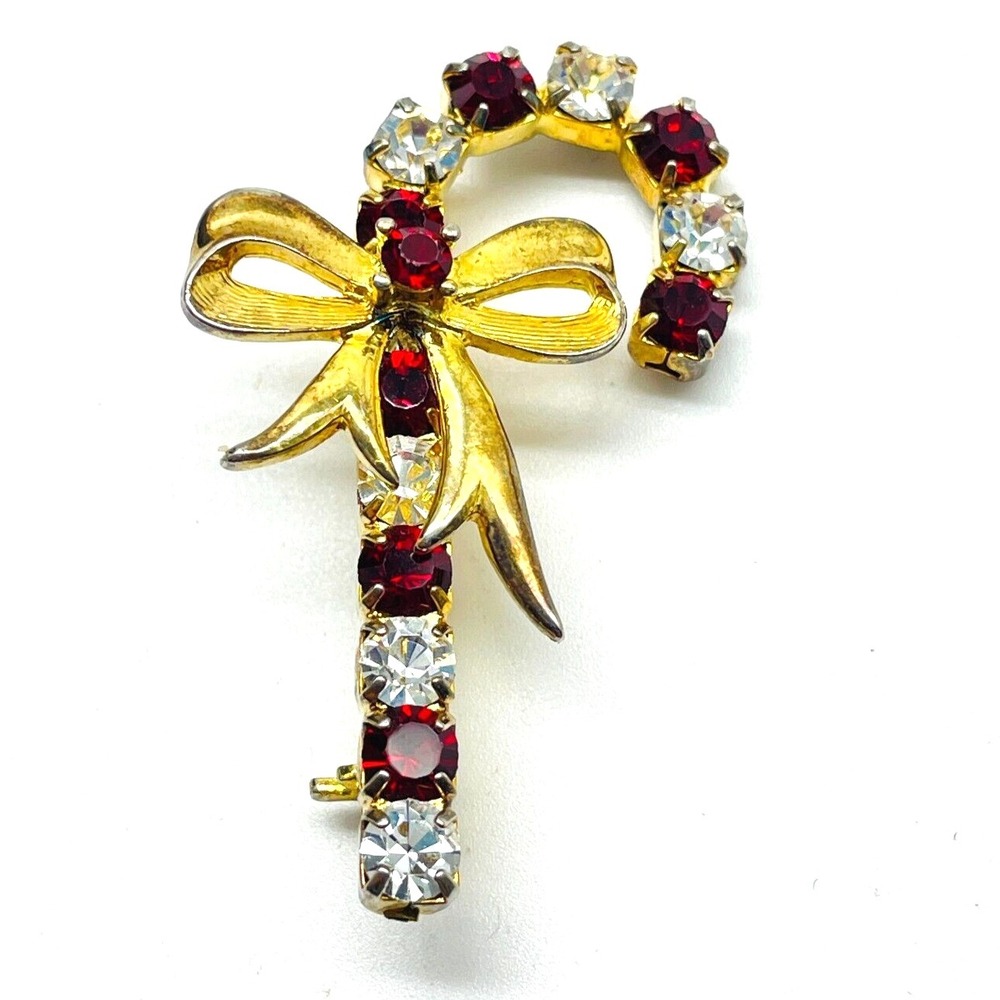 Signed EISENBERG ICE Candy Cane Brooch Bow Pin Red Clear Rhinestone Gold Tone